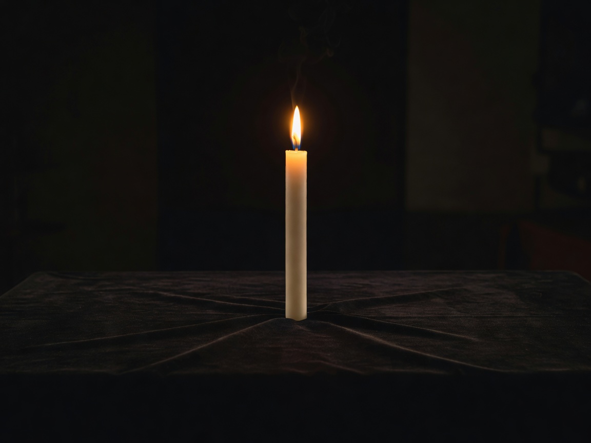 A single lit candle on a dark altar cloth, used to illustrate the new moon rituals guide