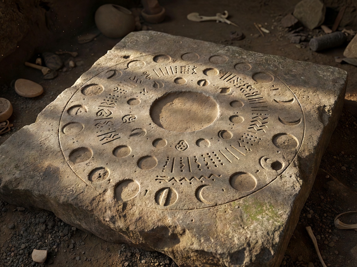 Ancient carved stone tablet suggestive of early lunar calendars