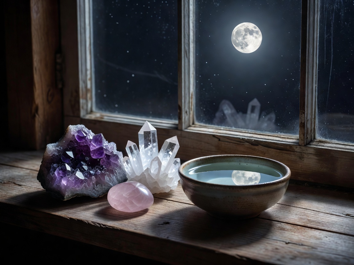 Crystals and a small bowl of water arranged on a windowsill under moonlight